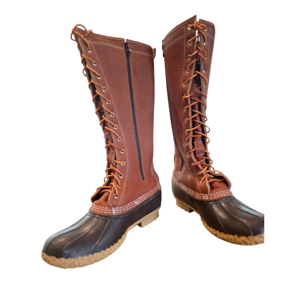 LL Bean Boots Womens 8 Knee High Duck Boots Flannel Lined Leather Waterproof
